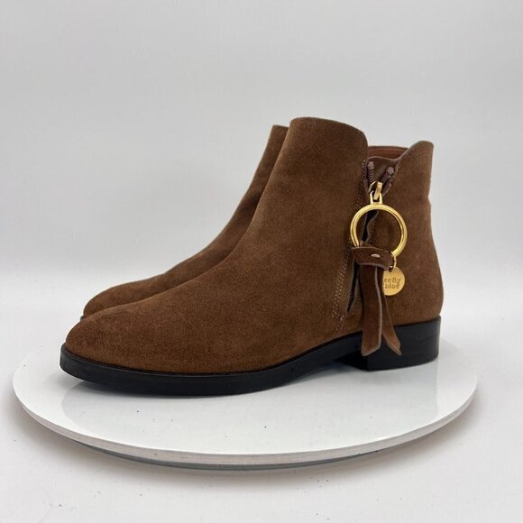 See By Chloe Women Size Eu 39.5 US 9.5 Brown Suede Leather Side Zip Ankle Boot - Picture 1 of 16
